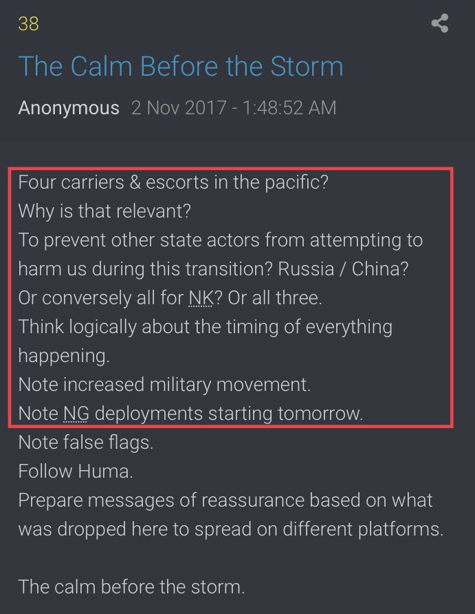 Four carriers & escorts in the pacific?Why is that relevant?... Think logically about the timing of everything happening. Note increased military movement/NG deploy. Prepare messages of reassurance...The calm before the storm.