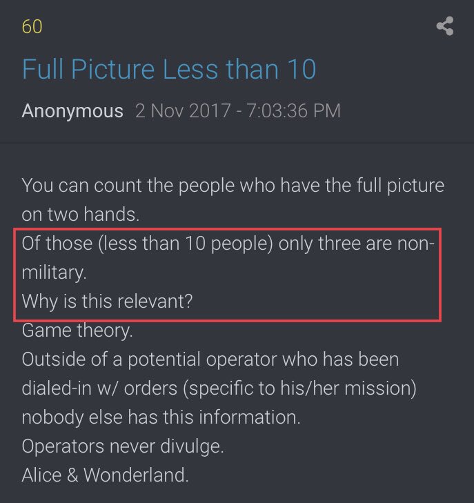 You can count the people who have the full picture on two hands. Of those (less than 10 people) only three are non-military. Why is this relevant?Game theory...