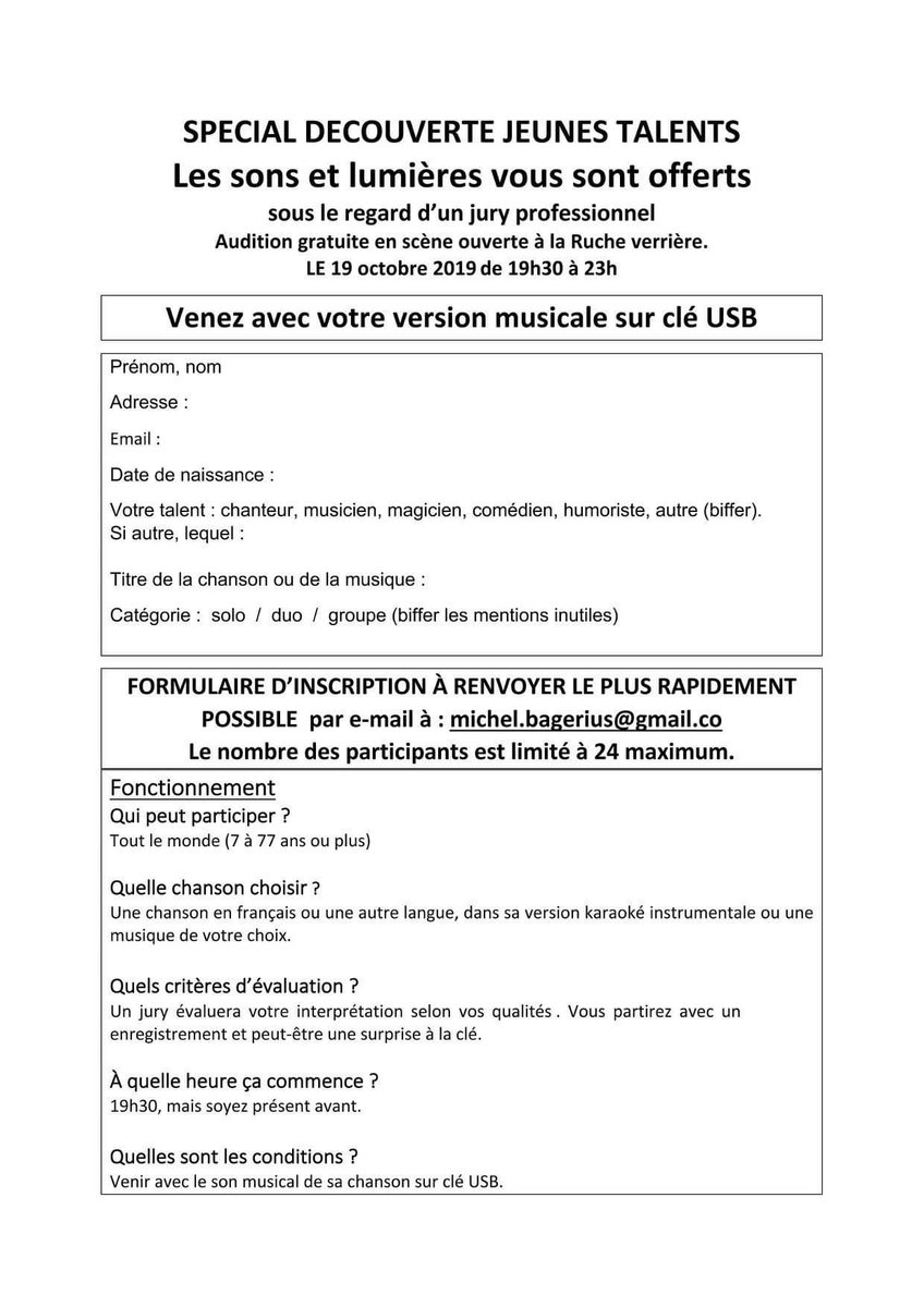 CommissionDe's tweet image. Pour les artistes en herbe qui voudraient s'essayer à la chanson lors de notre évent "Spéciale découverte" du 19 octobre prochain à la Ruche Verrière à Lodelinsart, voici le formulaire d'inscription (jpeg), indispensable: