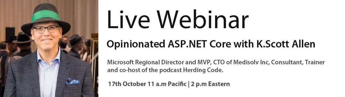FogBugz (@fogbugzteam) on Twitter photo Scott Allen (<a href="/OdeToCode/">K. Scott Allen</a>), Microsoft Regional Director & MVP, CTO of Medisolv Inc, Consultant, Trainer & co-host of the podcast Herding Code will be joining us on 10/17 at 2 p.m ET for a 30 min #FreeWebinar on 'Opinionated ASP.Net Core' bit.ly/2ASqooe Scott Allen (<a href="/OdeToCode/">K. Scott Allen</a>), Microsoft Regional Director & MVP, CTO of Medisolv Inc, Consultant, Trainer & co-host of the podcast Herding Code will be joining us on 10/17 at 2 p.m ET for a 30 min #FreeWebinar on 'Opinionated ASP.Net Core' bit.ly/2ASqooe