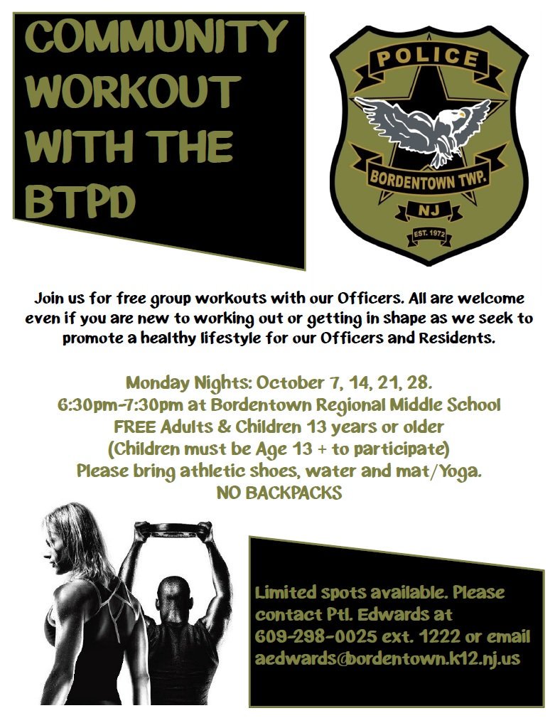township_police's tweet photo. Great turnout and energy last night for our first community workout! Remember they are held every Monday night this month from 6:30 pm - 7:30 pm at the Middle School so feel free to join us. #communityworkout, #healthandwellness https://t.co/px3Y3vq0z1