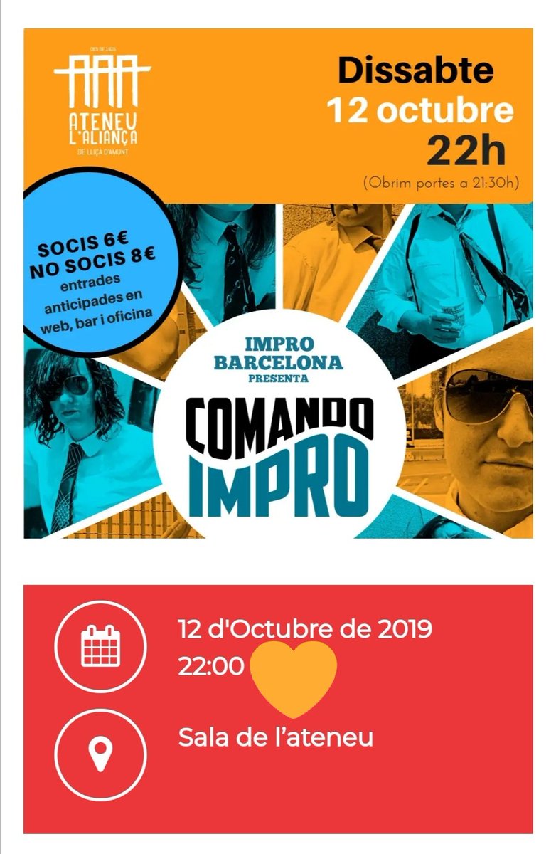ImproBarcelona's tweet photo. #ComandoImpro torna a @ateneualianca. Aquest diumenge 12 d'octubre Sam Gutiérrez i @LoMiquelet, TREBALLEM 💪 A les 22h! No hi falteu! #ImproBarcelona https://t.co/eiwunMrhQ6