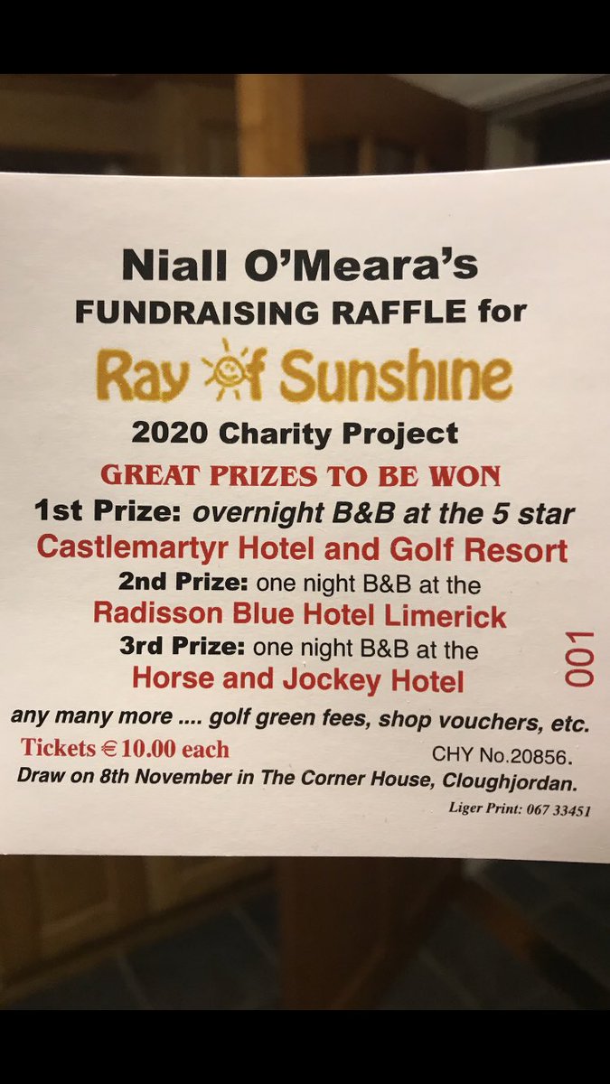 In preparation for the Ray of Sunshine’s 2020 project in Mombasa Kenya I am holding a fundraising raffle with many great prizes to be won. Tickets are €10 and the draw will take place in the corner house on the 8th of November. Any support would be greatly appreciated.