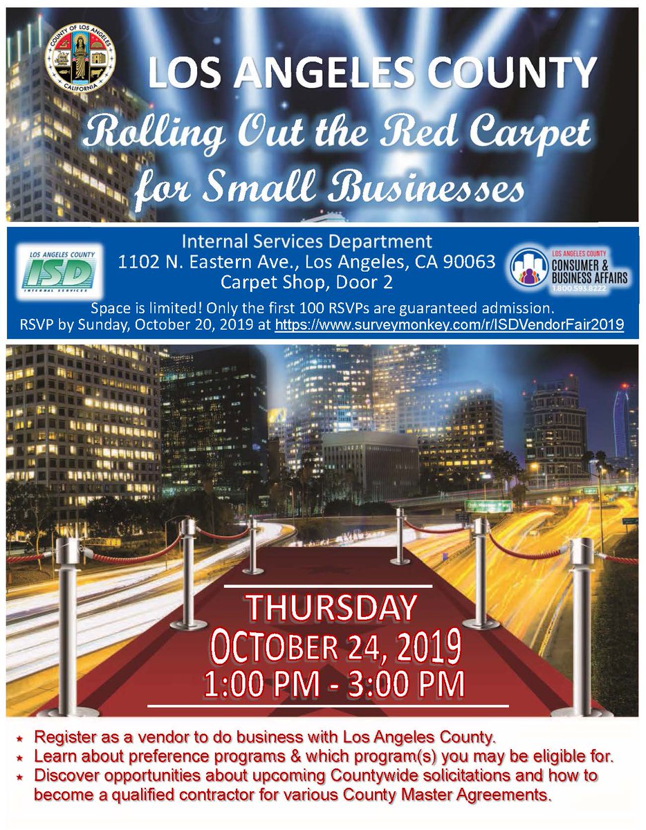 LACoSmallBiz's tweet photo. Join @LACountyISD  for an upcoming vendor fair! Learn about preference programs for the #SmallBiz community, participate in free informational workshops, and register as a County vendor! Space is limited, RSVP today: https://t.co/kg3IiXwuvQ https://t.co/Cxr8Co4hL7