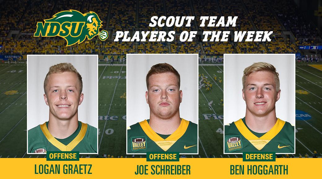 NDSUfootball's tweet photo. Quarterback Logan Graetz, offensive lineman Joe Schreiber and safety Ben Hoggarth are our Scout Team Players of the Week for the win over Illinois State. https://t.co/62GfFTDUg9