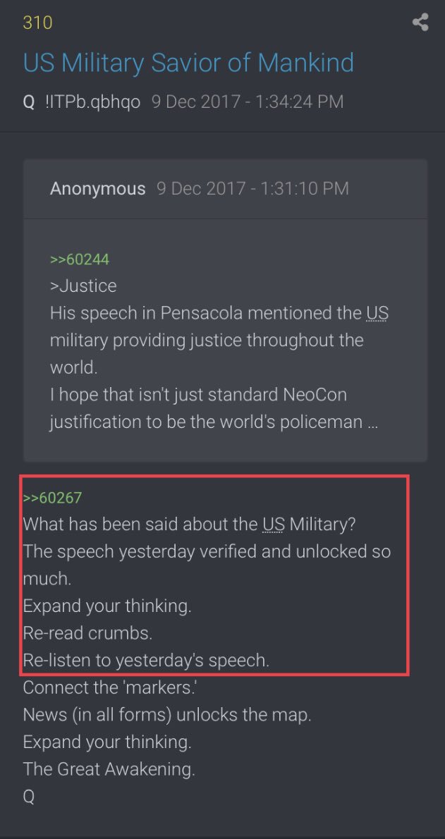 What has been said about the US Military?The speech yesterday verified and unlocked so much.Expand your thinking.Re-read crumbs.Re-listen to yesterday's speech.Connect the 'markers.' News (in all forms) unlocks the map.Expand your thinking.The Great Awakening.Q