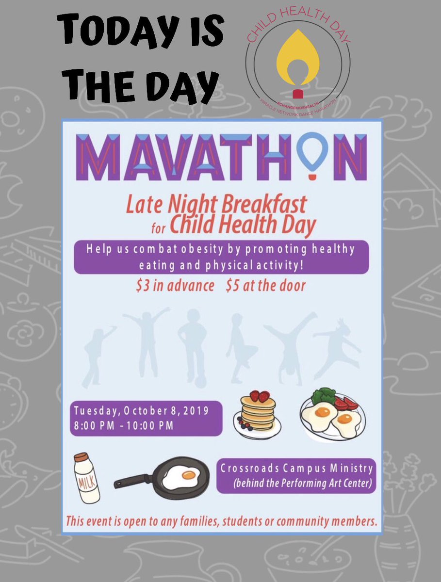 Mavathon's tweet photo. Child Health Day awareness fundraiser is today! The event will be held at Crossroads Campus Ministry (behind the Performing Arts Center). $3 in advance, $5 at the door. Message us on any social media platform or contact an exec board member to get your tickets! https://t.co/wt2JoHKsyN