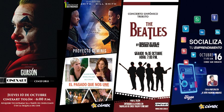 CinexVe's tweet photo. Cine, música y emprendimiento amplían la cartelera de Cinex https://t.co/efhdoVof0D #EstrenosCinex #CarteleraCinex #NoticiasCinex #NosVemosEnCinex https://t.co/RfmoyRAEN3