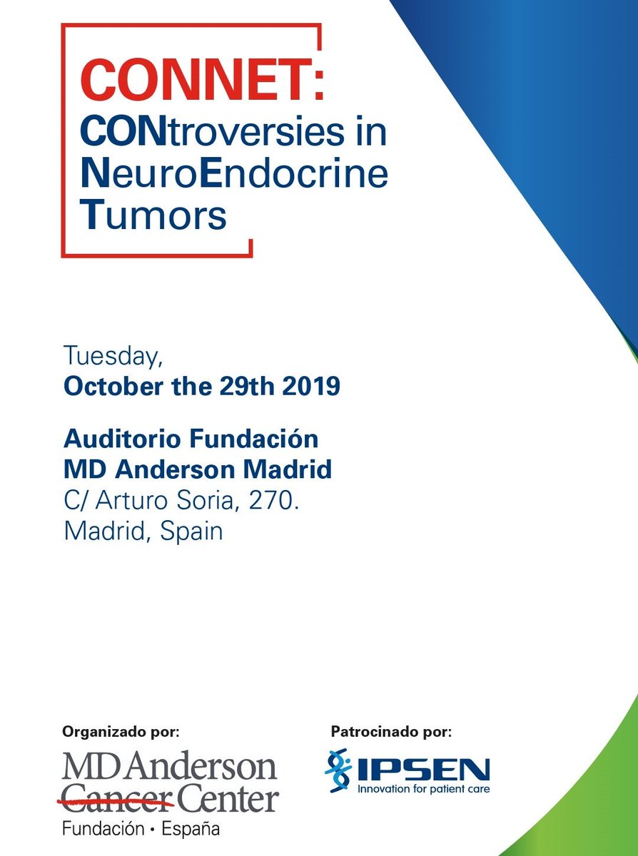 GrupoGetne's tweet image. El próximo martes 29-Oct se celebra en @MDAnderson_ES de Madrid la reunión internacional #CONNET, que abordará las estrategias de tratamiento presentes y futuras en #TNE. Inscripción gratuita y plazas limitadas!
Programa: bit.ly/2AUb1fd
Más info en getne@getne.org