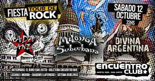 #Fechas: En Encuentro Club se presentan Divina Argentina, Milonga Suburbana y Madan Manege, gran fiesta en San Justo. Mas info en: vecinosenrockados.com/2019/10/las-fe…