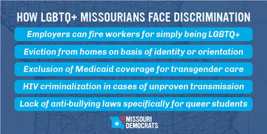 MoDemParty's tweet photo. Today, #SCOTUS heard arguments on whether it should be legal to fire someone based on their sexual orientation or gender identity. In Missouri, it already is. Democrats have fought for the past 20+ years to #PassMONA and protect the rights of LGBTQ+ community #RiseUpOCT8 https://t.co/PUSVkvXbvn