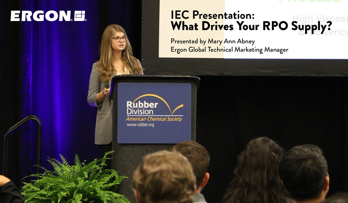 ErgonInc's tweet photo. Ergon’s Mary Ann Abney presented "What Drives Your Rubber Process Oil Supply?" at @RubberDivision #IEC2019. Ergon is helping customers better prepare for changes that lie ahead. Stop by booth 1638 or visit https://t.co/o5SgCo0PMY for a copy of the report. #HyPrene #ProcessOils https://t.co/N0BK0pPgNc