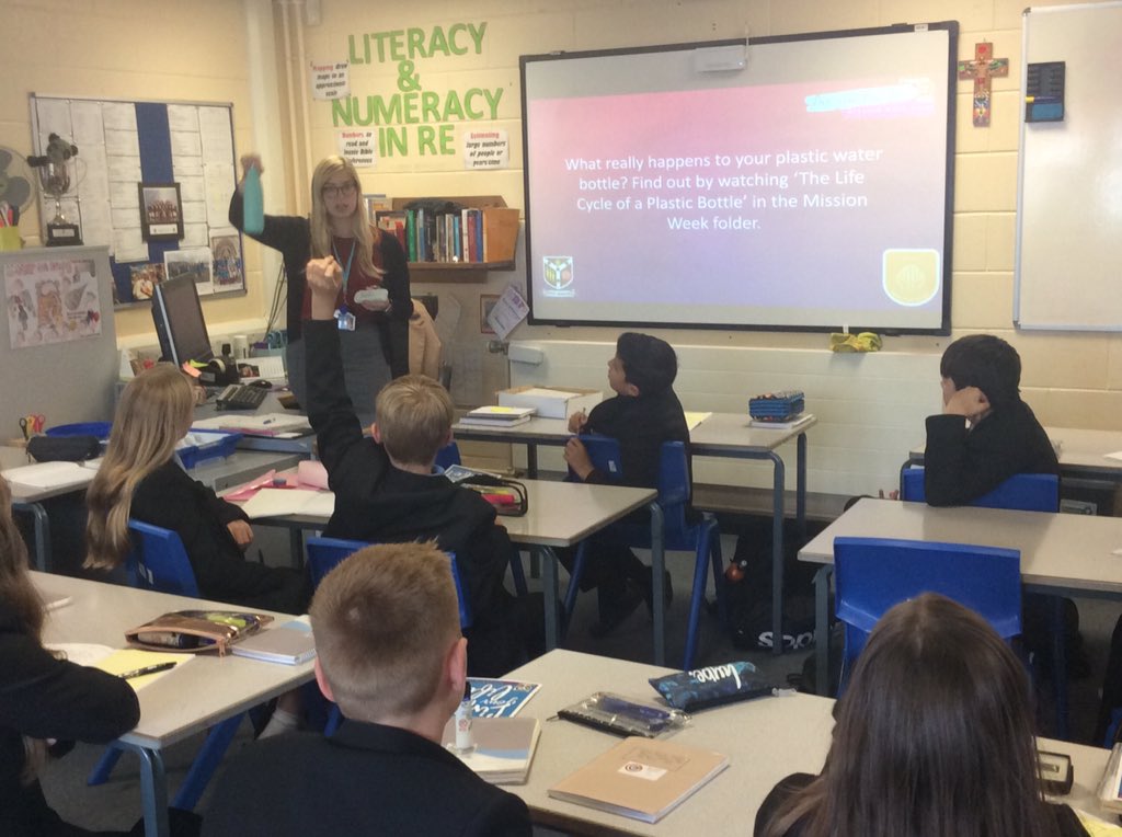 MrWilliamsRE's tweet photo. In classes during @SARCHSofficial Mission Week, we have been reminding ourselves of the 
Lent message to schools from @SalfordBishop. We looked at the life of a plastic bottle, living a zero waste life and then made our own individual commitments to being stewards of creation! https://t.co/skTdnoqMyU