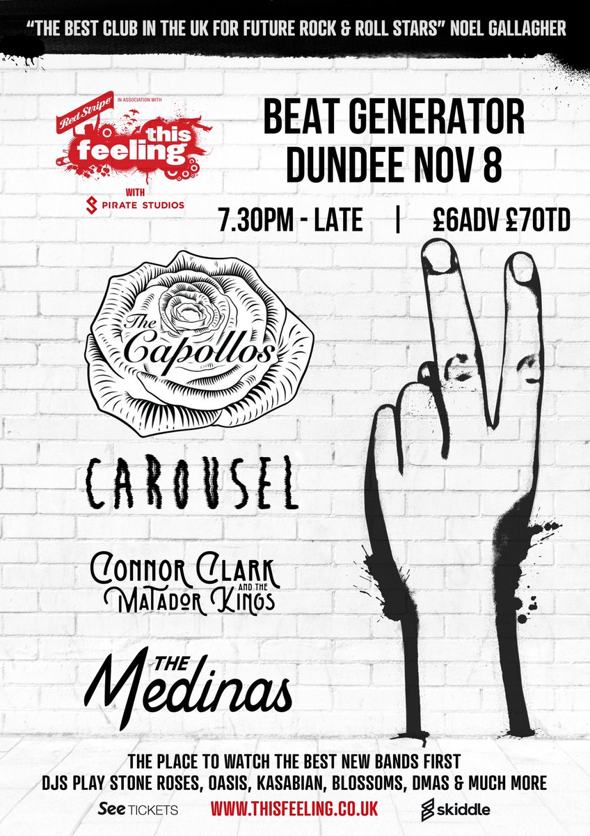 G I G  A N N O U N C E M E N T ! !

We are really excited to play Dundee with @This_Feeling  supporting @TheCapollos and playing alongside @carouseldundee and 
@TheMedinasband 

@redstripeuk
@PirateStudiosUK

Tickets: skiddle.com/whats-on/Dunde…