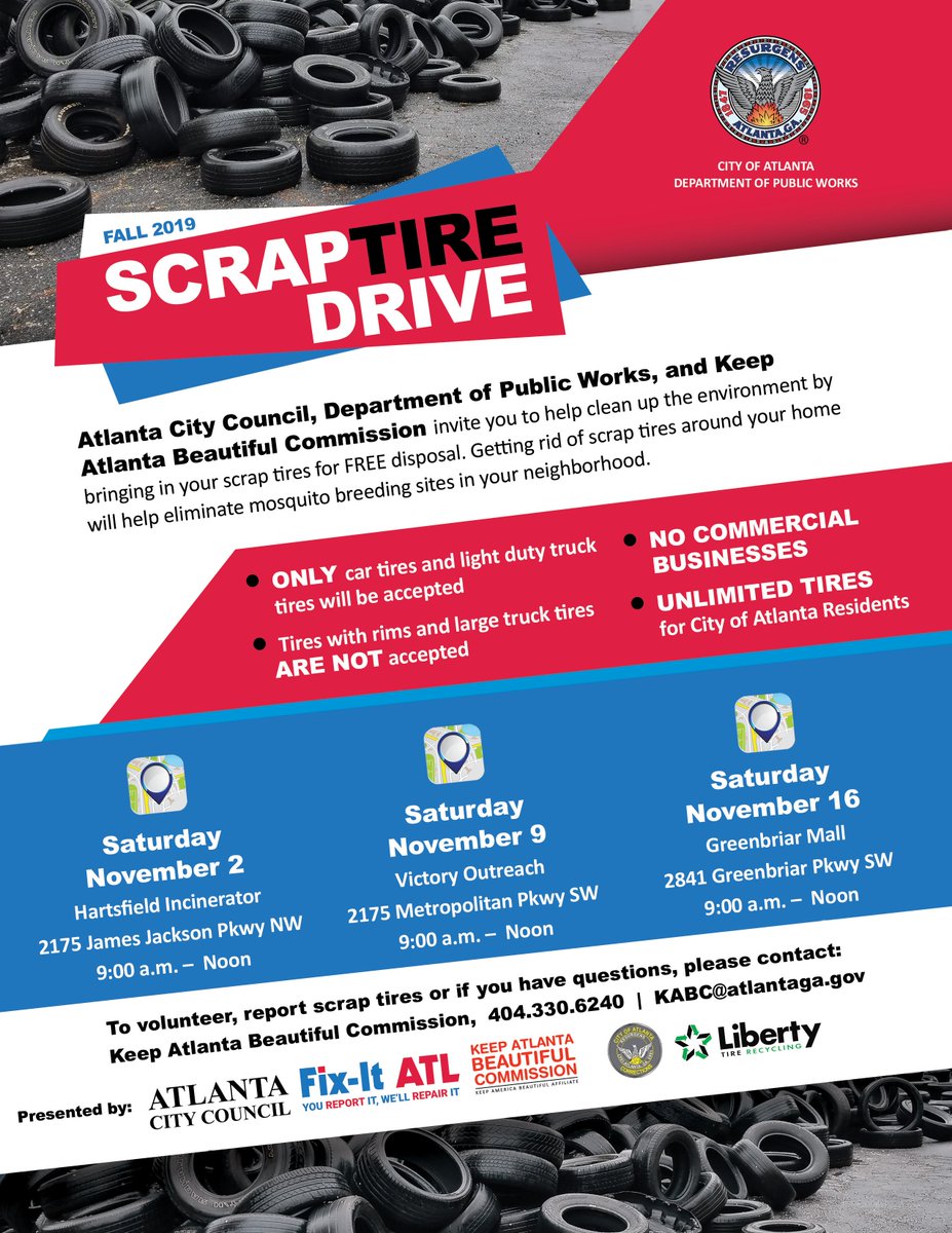 ATLPublicWorks's tweet photo. The @CityofAtlanta #Fall Scrap Tire Drive/Amnesty event will be in #November! Be sure to plan ahead. You can also coordinate other community cleanup events & projects in your neighborhood, just contact the #keepatlantabeautifulcommission at (404) 330-6240. https://t.co/p1DnH6RXi6