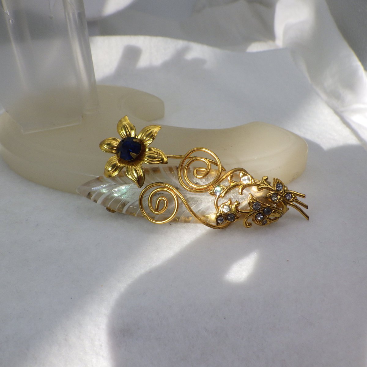 Excited to share the latest addition to my #etsyshop: #1930s #CarvedLucite #Brooch #ArtDeco Era Floral Design Vines and Flowers Sapphire Stone Goldtone Crystal Rhinestones Ladies Vintage Jewelry etsy.me/2Ov9mET #jewelry #VintageLoveByDiana