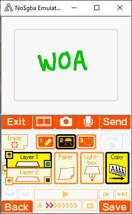 Screenshot of Flipnote Studio running in an emulator. On the top screen, "woa" is written in green block capitals. On the touch screen, the layers page is shown; layer 1 is highlighted with a green pen colour.