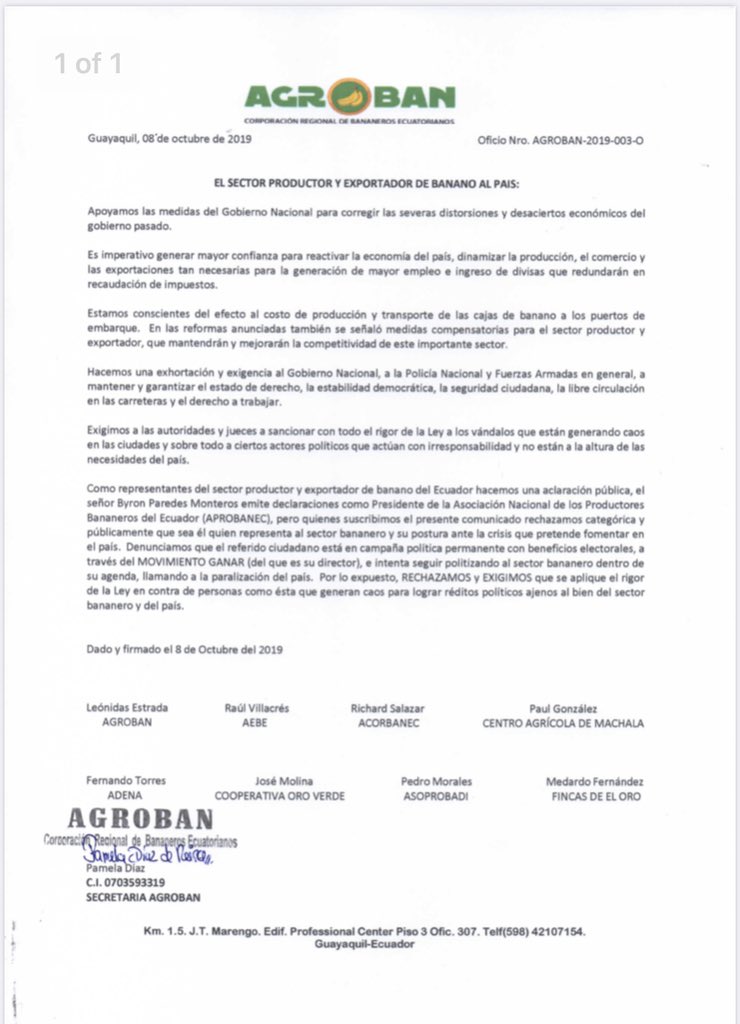 HLaniado's tweet photo. EL SECTOR BANANERO AL PAÍS:

Comunicado de AGROBAN al país. 

Favor difundir. https://t.co/1Xj9UVKwTy