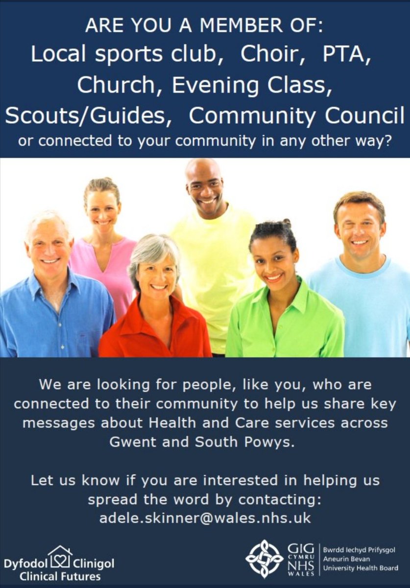 ClaireParsella's tweet image. Are you connected in your community (football, choir, karate, rugby, gymnastics, guides etc)? Please help @AneurinBevanUHB share messages about how health services are changing over coming years.  Register for our champions launch event in November via Adele.skinner@wales.nhs.uk