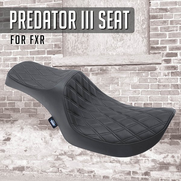 Predator III Seat for 82-94 and 99-00 FXR models. Features a 6 1/2" tall driver support and narrower front for better leg clearance. Contact your local <a href="/DragSpecialties/">Drag Specialties</a> dealer to order.
#fxr #dragspecialties #motorcycleseat
Read Less