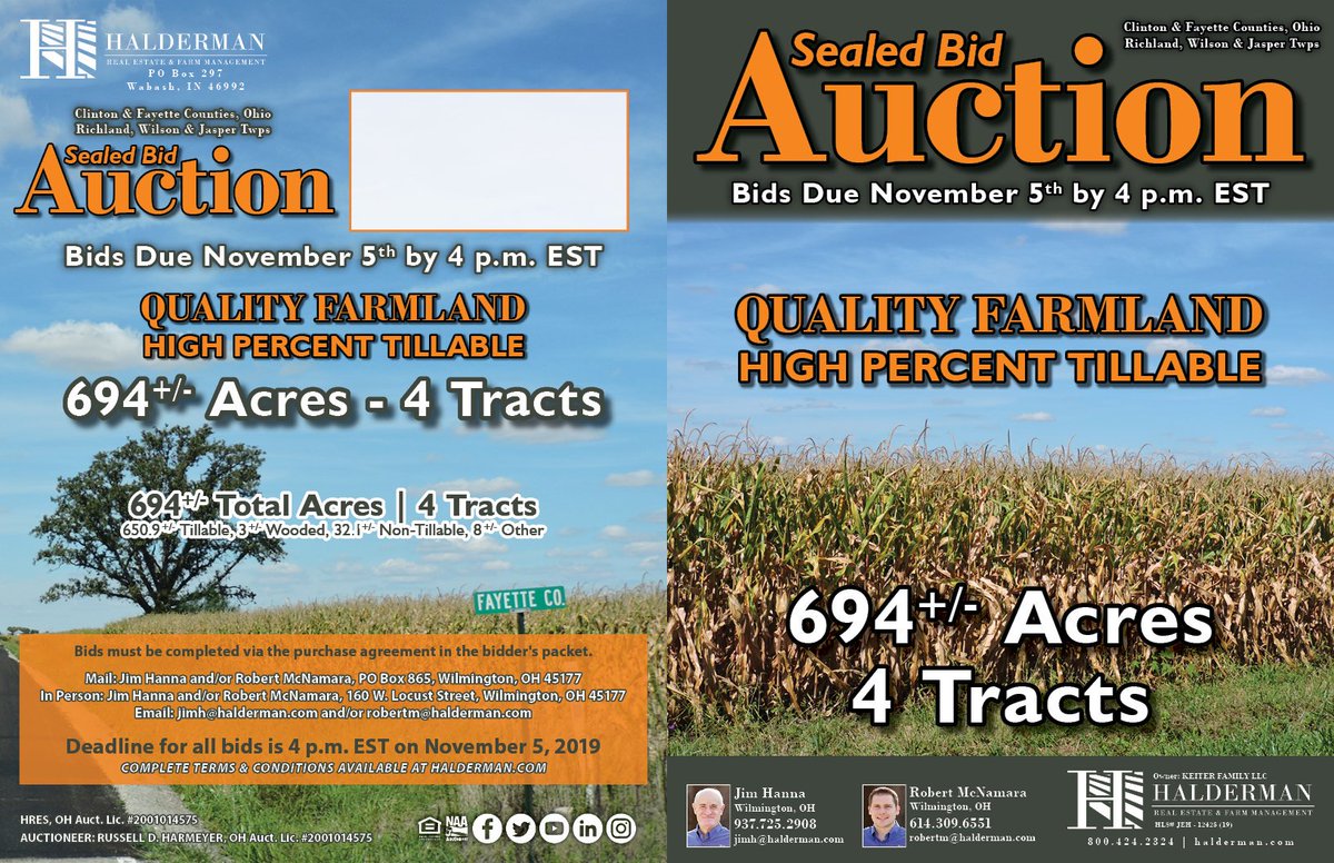 hfmshres's tweet photo. 694.00 quality farmland - high percent tillable in Clinton Co. OH and Fayette Co OH. This is a sealed bid auction. To learn more about this listing or how to receive a bidder packet please visit our website - https://t.co/HOVY9Y9yv6
#haldermancanhelp #haldermanauction #land https://t.co/JYlgCX7DNJ