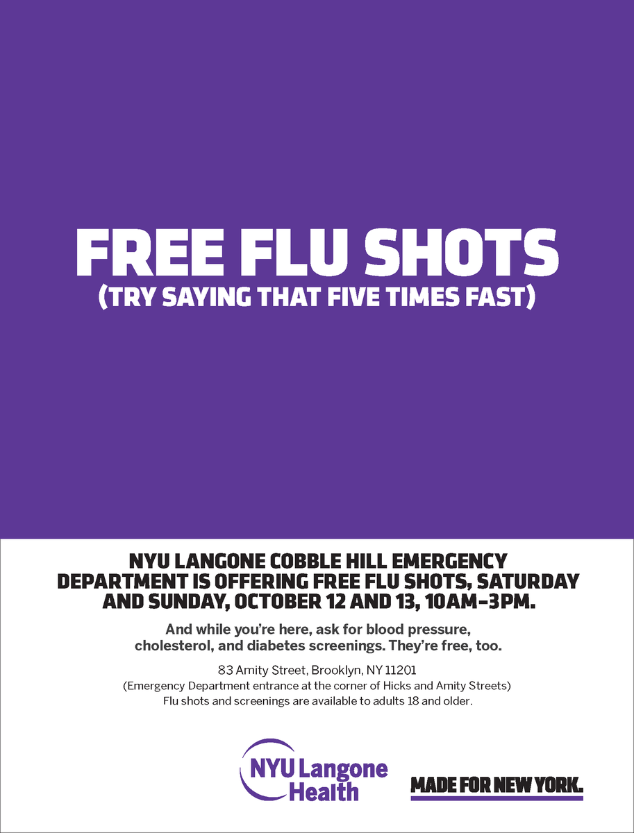 NYULangoneBK's tweet photo. We had a great time at @AtlanticAntic this year! Now, join us this weekend in Cobble Hill for free #flushots and blood pressure, cholesterol, and diabetes screening. Saturday and Sunday, 10 am to 3 pm, 83 Amity Street in Brooklyn. https://t.co/yxVtq9tyIp