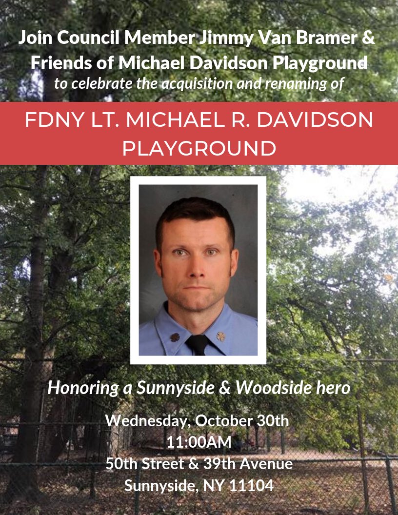 friendsofMDpark's tweet photo. This is what democracy looks like: 3,387 people signed our petition to name this playground after our neighborhood hero. Thank you @JimmyVanBramer @mitchell_silver @FDNY for hearing us and making this happen! https://t.co/alnkp5YcmL