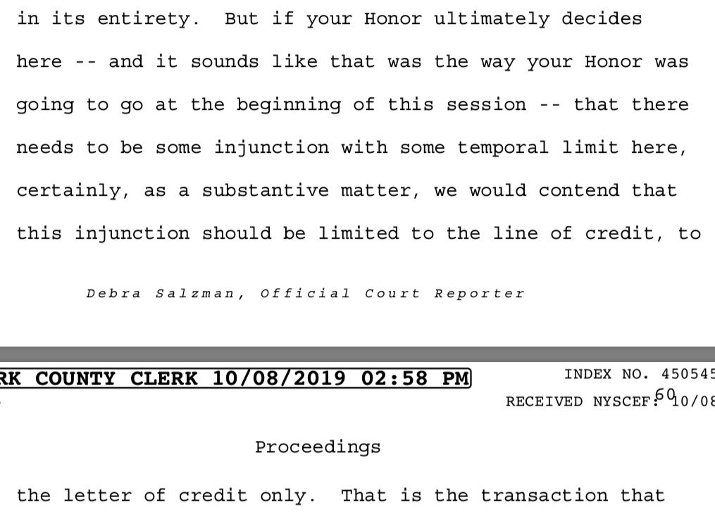 This is good: "we would contend that this injunction should be limited to the line of credit, to the letter of credit only." @dividebynine - nifty how they don't want a real audit, huh?