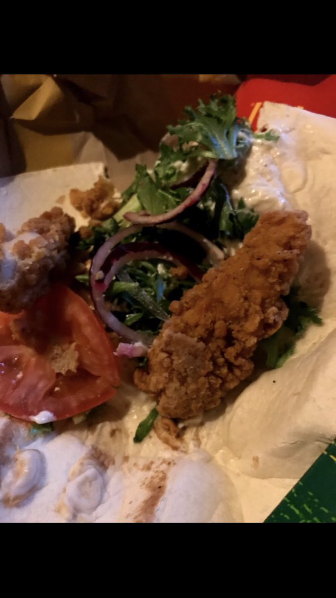 hellenbrown13's tweet photo. @McDonalds just went through the drive thru actually disgusted , I bought a VEGETARIAN wrap haven’t eaten meat in 6 years and it had chicken in it 😭 had major respect for your company having veggie options, I do not pay into the innocent killing of animals yet you’ve done this. https://t.co/kA29C3lUhr