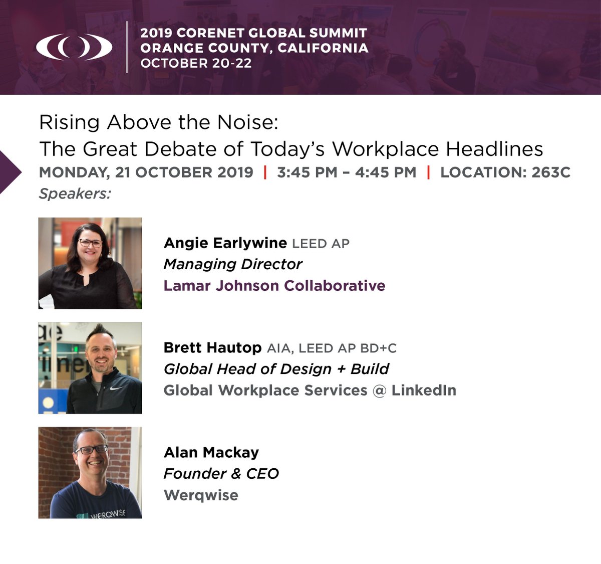 LJC's Angie Earlywine is speaking at the @CoreNetGlobal Summit in Orange County on Monday, October 21. She will debate with other panelists to get to the heart of what can really make a positively impact employee experience in the workplace. We hope to see you there!