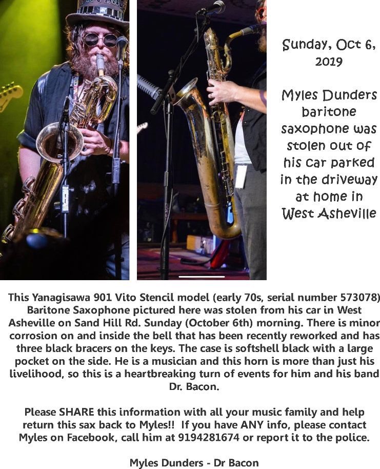 #Asheville #WestAsheville #WestAVL #AshevilleNC #AshevilleNorthCarolina #BaritoneSaxophone #BariSax #BaritoneSax #Stolen #stolengear #stolenhorn #stolensaxophone