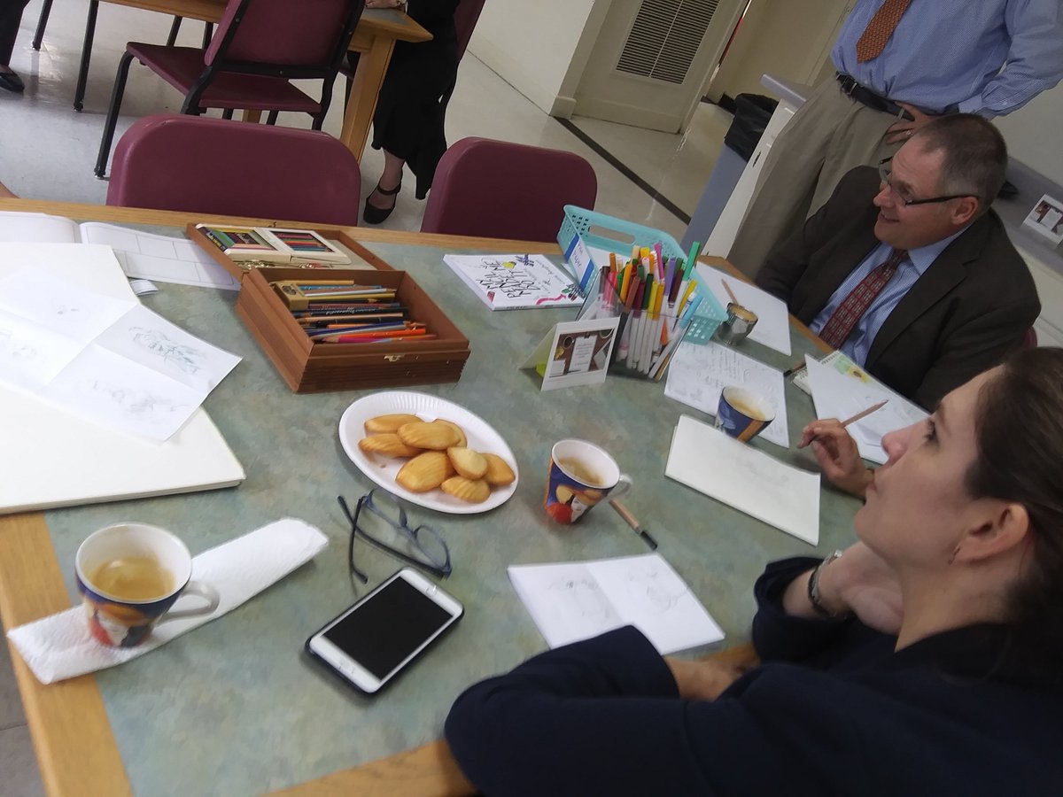 MsDannaher's tweet photo. "Sketching is a continuing source of learning rather than a string of performances." Thank you to @ARTwithWALSH @SrtaYanine @fxroque @ColleenSwaimDJO @patton_carl and @MeghanLonergan for coming out for an afternoon of contour drawing, coffee, and cakes! #CollaborationTuesday https://t.co/Er2Q1T2YSP