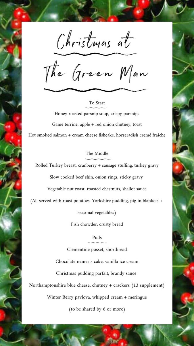 C H R I S T M A S  M E N U 🎄 don’t forget to book in for Christmas at The Green Man! Christmas menu starts from December 2nd #christmasatthegreenmaneversholt #getbooking #youwontbedisappointed