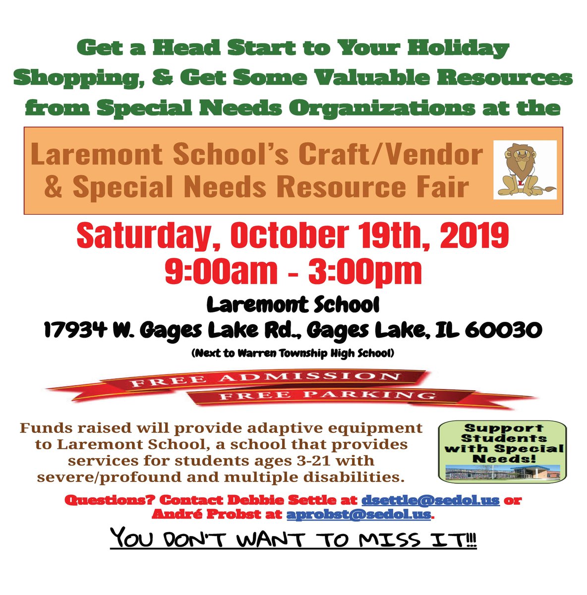 Reminder: The Laremont School Craft/Vendor &amp; Special Needs Resource Fair is Sat. October 19 9am-3pm. There will be multiple crafters/vendors selling goods, as well as many organizations &amp; businesses specializing in special needs law, recreation, &amp; services.  #SEDOL #SEDOLLaremont