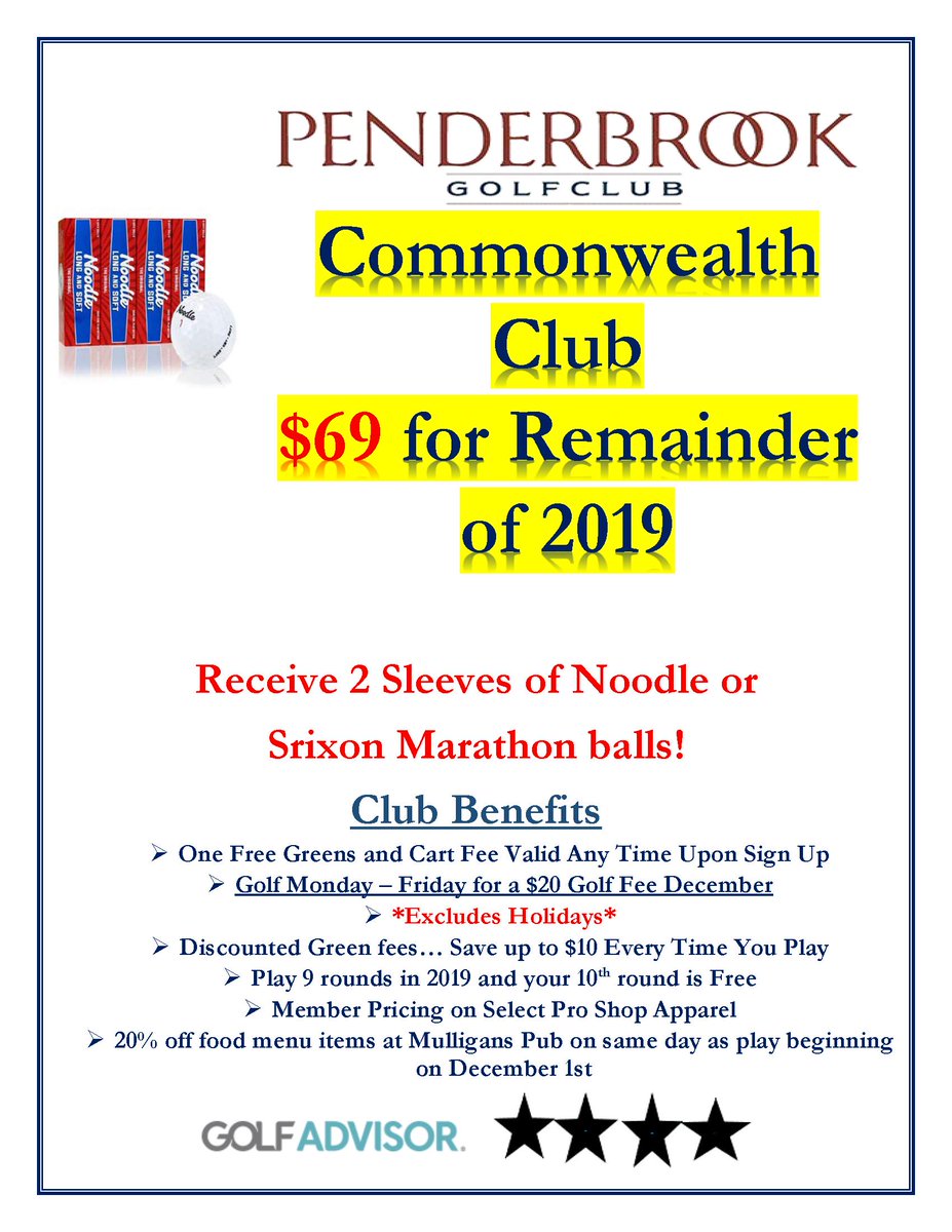 PenderbrookGC's tweet photo. Purchase your 2019 Commonwealth Club membership for just $69! Benefits include greens fee deals, free golf balls, and discounts on food and apparel! To purchase, just stop by the pro shop today.  For any questions, please call us at 703.385.3700. https://t.co/mjgHua6edK