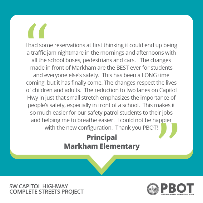 PBOTinfo's tweet image. Thanks to the principal of Markham Elementary for this glowing review of PBOT's SW Capitol Highway Complete Streets project. We're blushing 🤗 🧡

Learn more about this project at portlandoregon.gov/transportation…

#pdxtraffic #swpdx