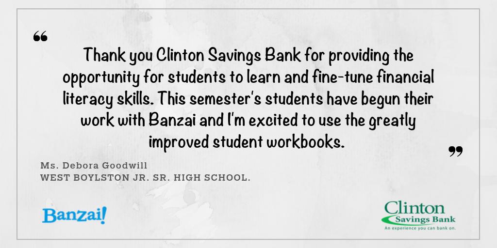 ClintonSavings's tweet photo. What amazing feedback to hear! CSB is honored to be able to help provide an opportunity for these student’s to learn financial literacy. 🤑💵 #finlit #banzai #techfinancialliteracy #moneymanagement #CSBlovesourcommunity #financialliteracy @WB01583 @WB_Stuco  @teachbanzai https://t.co/NViKRtjZEl