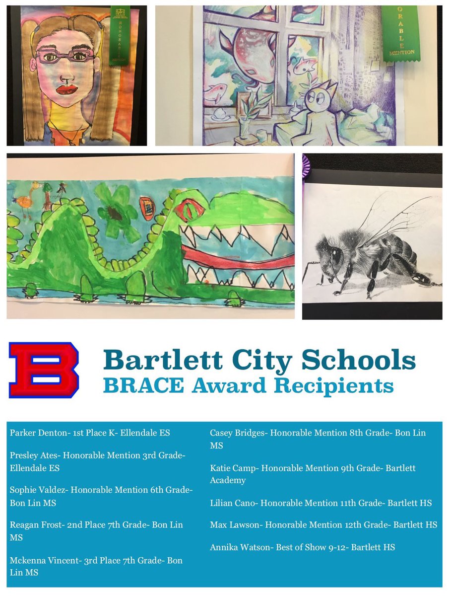 Congratulations to all the students who received awards at the Briarcrest BRACE Art Competition! The BRACE competition works to provide a venue for regional art teachers to display their students’ artwork and provide incentives for higher quality craftsmanship.  #BCSFineArts