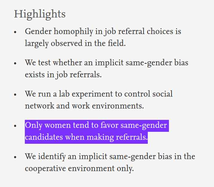 As mulheres tendem a favorecer outras mulheres na escolha de um candidato a um emprego, enquanto que os homens não dão muita importância ao sexo dos possíveis candidatos.via  @SteveStuWill https://sciencedirect.com/science/article/abs/pii/S016748701930090X