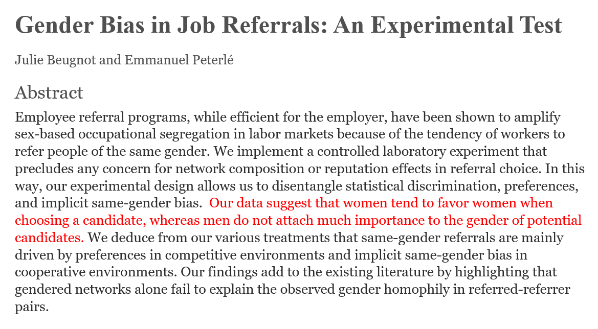  As mulheres tendem a favorecer outras mulheres na escolha de um candidato a um emprego, enquanto que os homens não dão muita importância ao sexo dos possíveis candidatos.via  @SteveStuWill https://sciencedirect.com/science/article/abs/pii/S016748701930090X