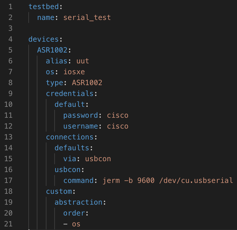 ccieojisan's tweet photo. 今回はシリアルポート経由の接続に Jerminal を使ってみた。testbed.yaml と接続してみた際の画像はこちら。pyATS のコネクションライブラリはシリアル接続からTelnet/SSH まで自動化できます。#pyATS #USBSerial https://t.co/Cu06Ji5mK7
