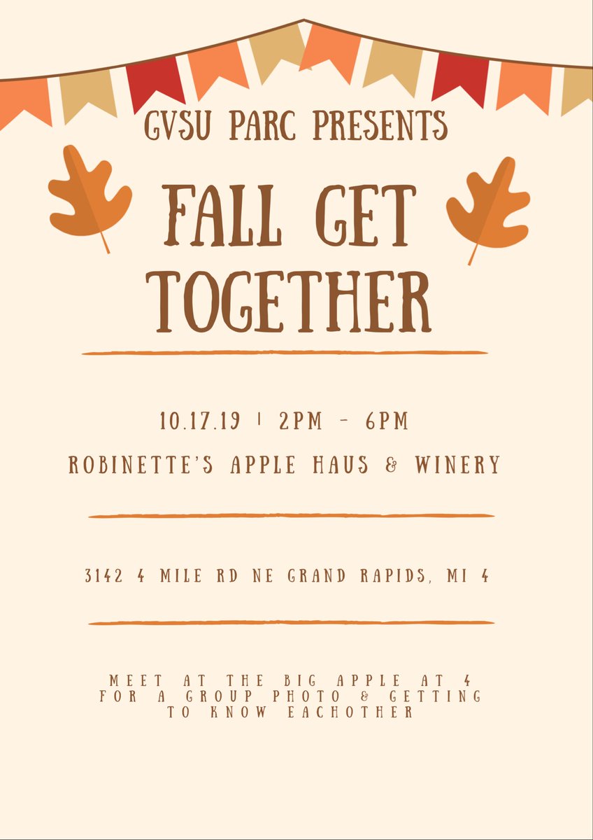GVSU PARC wants to invite you to join us at Robinettes for a fun afternoon and an opportunity to meet one another! Enjoy your visit however you would like, bring your pals interested in joining, &amp; at 4pm meet at the big apple to snap a group photo! Can’t wait to see you there!