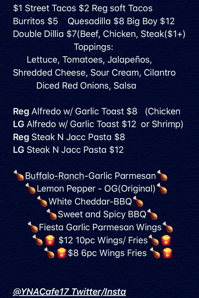 Son_2_A_King's tweet photo. ‼️New Menu Alert‼️
First menu is the everyday menu Second Menu is the $5 Mon thru Friday special #YoungNAmbitousCafe #YNACafe #ChefBlaccEyePeas https://t.co/PGRdY9ydur