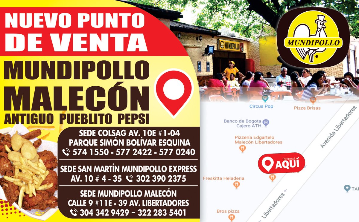 mundipollo's tweet photo. Próximamente Gran Inauguración de Nuestro Nuevo Punto de Venta 🔴 #MUNDIPOLLO Malecón 😋

🏡 Sede Mundipollo Malecón: Cll 9 #11E – 39 Av. Libertadores Malecón

📱Celular: 304 342 9429 – 322 283 5401

💻️ https://t.co/nbkN4VqPt1

#nuevasede #inauguracion #mundipollocucuta #cucuta https://t.co/i1wUOGt3aK
