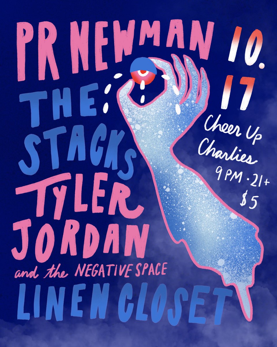 Thursday, October 17th -- indie rock and folk sets by <a href="/tyjoandthenonos/">Tyler Jordan</a> <a href="/PRNewmanTX/">PR Newman</a> <a href="/linenfresh/">Linen Closet</a> and The Stacks at <a href="/CheerUpCharlies/">Cheer Up Charlies</a>! Music at 9PM, 21+. Poster by <a href="/tanqueraydreamz/">glitterjorts</a>: facebook.com/events/8891414…