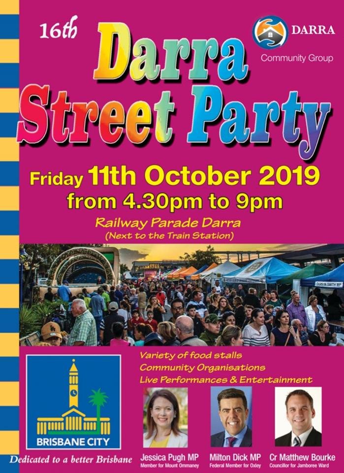 <a href="/BCentRotaryClub/">Centenary Rotary</a> will again be supporting the Darra St Festival with its now legendary Sausage Sizzle.  The Darra st Festival offers a range of activities and stalls and is a great evening out for the whole family.