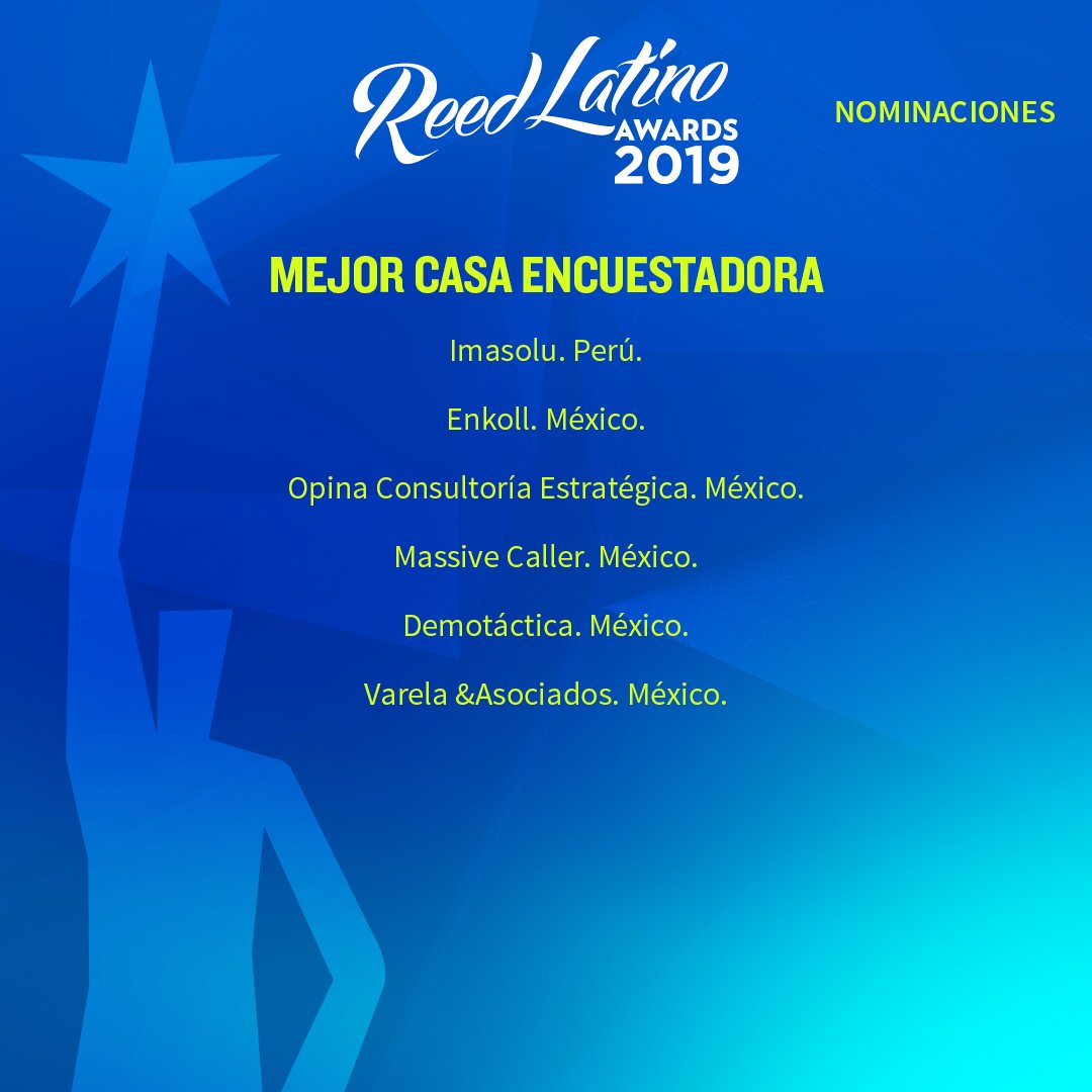 ReedLatino's tweet photo. 🌟 Los nominados para el #ReedLatino2019 a MEJOR CASA ENCUESTADORA. @enkoll_ @OpinaConsultor1 @MassiveCaller @demotactica @VarelayAsociado https://t.co/Ea2ai5iWVq