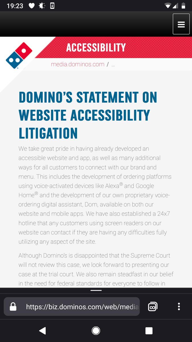 Looking at Domino’s illegible statement (contrast, text size), I think more than just blind users can go after them.