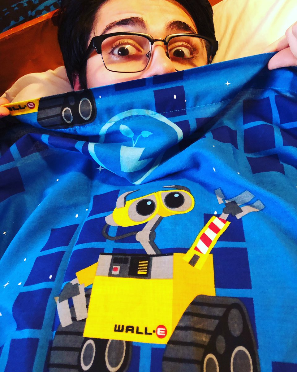 Rafemusic1's tweet photo. I am 16 years old....but that doesn’t mean I ever stopped getting excited over some cartoon sheets. Hello Wall-e, don’t mind if I do🤖💥 @Pixar #Rafeeo #HaHaFace #WallE #DisneyFan #YouTuber #Musician #KidAtHeart #NeverGrowUp https://t.co/u5RcUujot9