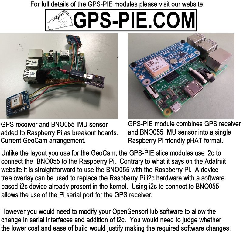 BlackBoxCameraC's tweet image. @opensensorhub If the GeoCam is a current project cut the cost in half &amp;amp; reduce the build time to zero by replacing break out boards with a GPS-PIE slice GPS module.  These feature a GPS receiver &amp;amp; #BNO055 IMU in a #RaspberryPi friendly pHAT format.  gps-pie.com